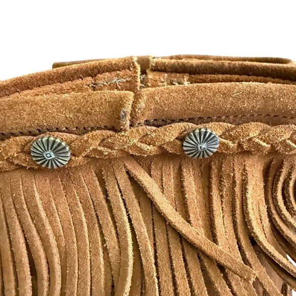 Minnetonka Suede Moccasins 3 Layer Fringe Mid Calf Boots Women's 4 Brown Boho - Picture 7 of 13